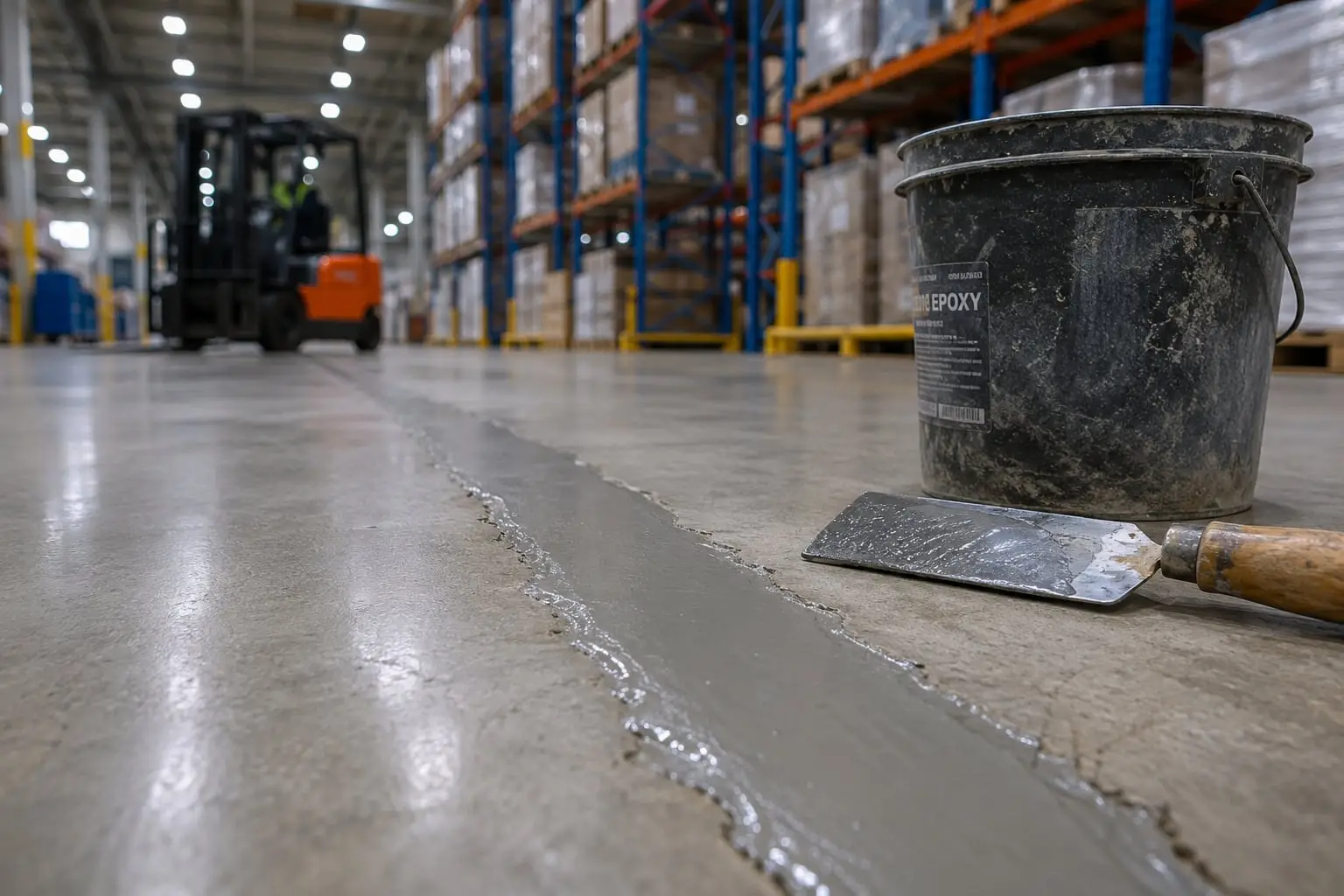 Réparation d’une fissure de dallage au mortier résine dans un entrepôt logistique, truelle et seau posés au sol