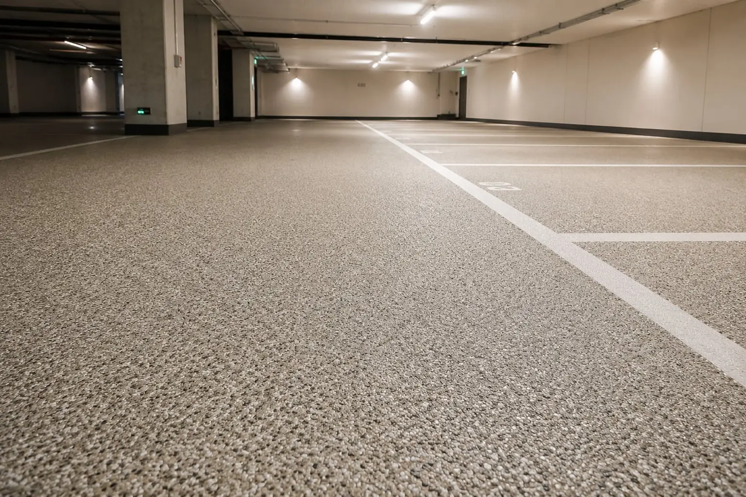 Sol de parking en résine quartz coloré beige, texture granuleuse antidérapante et marquage blanc des places