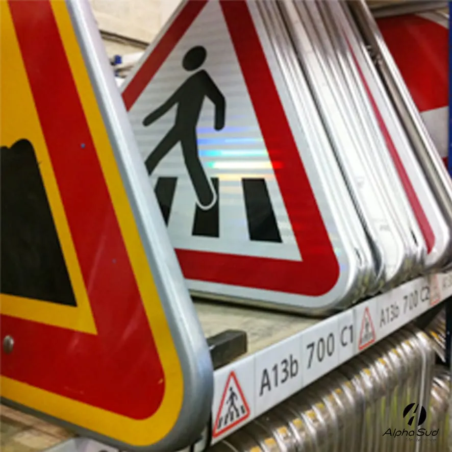 Panneaux de chantier temporaires empilés avant chargement