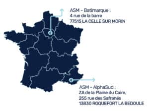 Carte de France présentant les implantations ASM à Roquefort-la-Bédoule et Batimarquage à La Celle-sur-Morin.