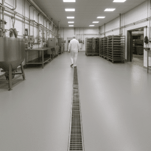 Sol en résine PU ciment dans une usine agroalimentaire avec évacuation centrale