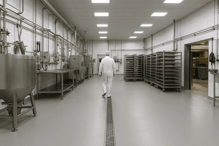 pu_ciment_agroalimentaire_ok Sol en résine PU ciment dans une usine agroalimentaire avec évacuation centrale