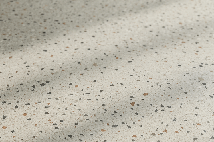 sol en résine terrazzo clair avec éclats minéraux et ombrage naturel, texture haut de gamme et finition polie